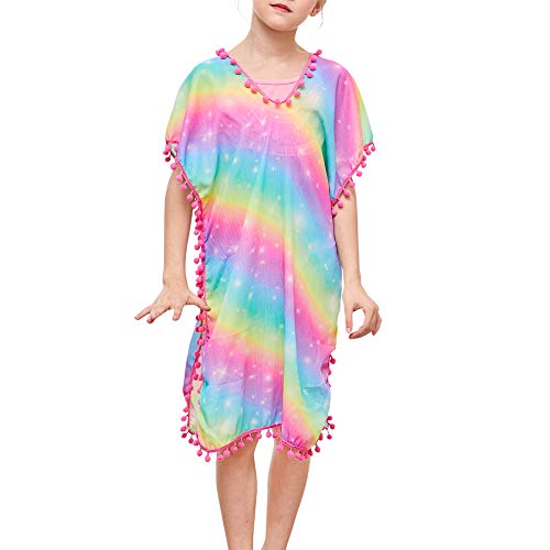 Play Tailor Cover Up for Girls Swimsuit Cover Ups Beach Coverup with Pom Pom, Rainbow, 3-4T