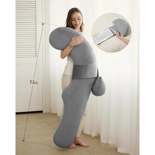 Image of J-Shaped Sleeping Pregnancy Pillow| Removable Velvet Covers| PregnoCare Fibres| Baby Shower Gift, Maternity, Nursing| Full Body Soft-Support Bump, Head, Back, Shoulder, Hips, Legs and Belly (Grey)