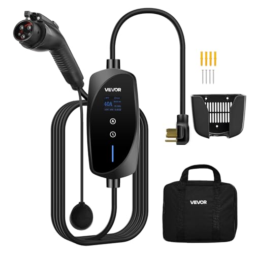 VEVOR Level 2 EV Charger, 40 Amp Adjustable Current, 240V Electric Vehicle Portable Charger with 25 ft Charging Cable, LCD Display, NEMA 14-50P Plug, Plug-in Home Car Charging Station for SAE J1772 EV
