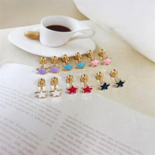 Newzenro 18G Glitter Star Colorful Screw Flat Back Small Stud Earrings For Women Teen Girls Surgical Steel Pink Green Red Purple Enamel Cartilage Tragus Piercing Little Studs Hypoallergenic Gift 6 Pairs Set thumb #3