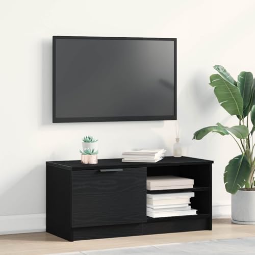 faucqel Mueble de TV con aspecto de roble negro, 80 x 35 x 36,5 cm, mueble bajo con puerta a ras y asas plateadas para salón, moderno aparador y armario HiFi
