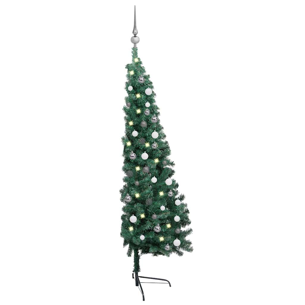 Semi Albero di Natale Artificiale 150cm Verde con 150 LED Illuminazione 340 Punte Incluse Palline Da Parete Realistico