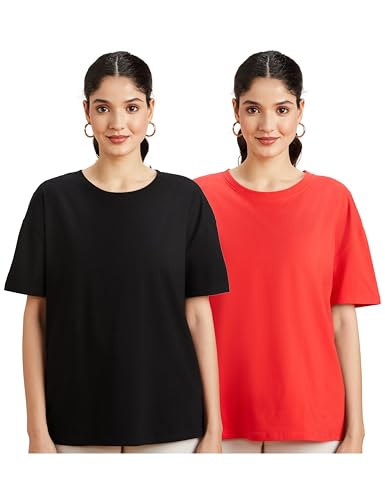 Image of Amazon Brand - Symbol Women Cotton Stretch Oversized Fit Round Neck Half Sleeve T-Shirt (Available in Plus Sizes)