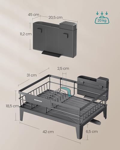 Miniatura 6 de SONGMICS Escurreplatos, Escurridor para Encimera de Cocina, Giratorio 360° y Extensible, con Soporte para Cubiertos, 31 x 42 x 18,5 cm, Gris Ahumado KCS550GT01
