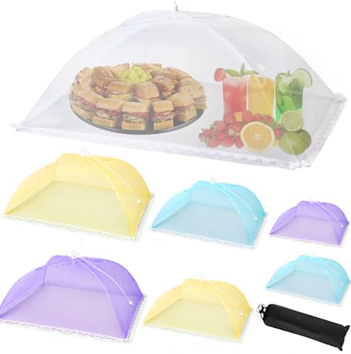 7 Pack Colorful Food Covers Food Tent for Outside Mesh to Keep Bugs away, Reusable Collapsible Food Nets(40x24*1,17x17*2,14x14*2,12x12*2) including Carry Bag,Ideal for Picnic Party BBQ Wedding Fruit