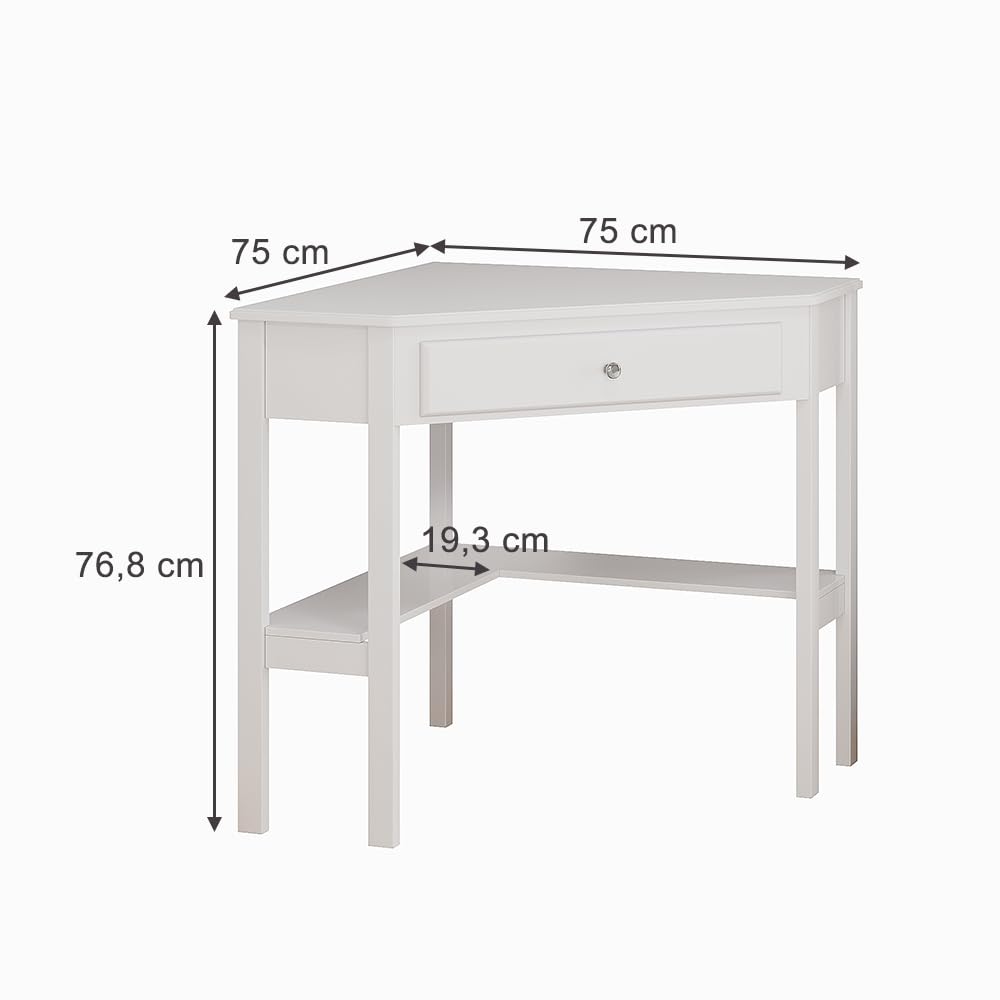 Vicco Tavolo da trucco ad angolo Velto, Bianco, 75 x 76.8 cm | con cassetto, per un posizionamento salvaspazio negli angoli della stanza