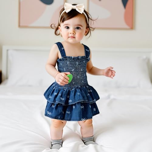 Baby Girls Denim Romper Dress Straps Sleeveless Bow Print Pleated Ruched Cake Smash Layered Skirt2