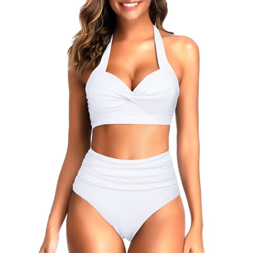 Bikini Taille Haute Gainant et Froncé - Maillot de Bain Dos Nu Ajustable