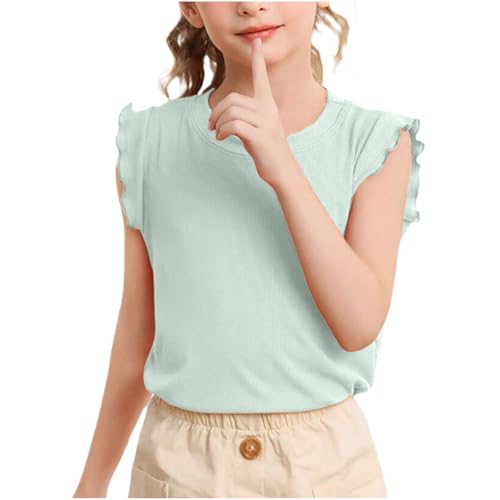 4-10 Years Girls Ruffle Sleeveless Cute T Shirt Kids Summer Solid Color Tops Loose Crewneck Pullover Casual Tees