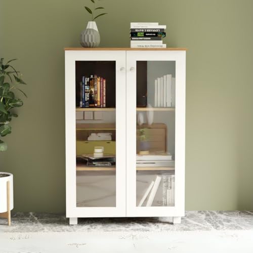 Image of Hobbit Engineered Wood Bookshelf | Book Storage & Display Cabinet for Living Room, Study Room & Home Office | 2 Door Glass Cabinet Storage | Leon Teak & White Finish