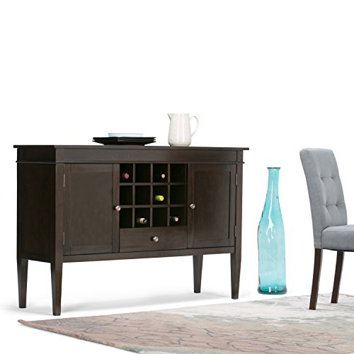 Simplihome Carlton Solid Pine Wood 54 Inch Transitional Sideboard Buffet Credenza In Dark Tobacco Brown Features 2 Doors, 1 Drawers And 2 Cabinets With 12 Bottle Wine Storage Rack #TOP1