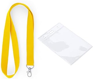 100 Lanyard de poliéster con mosquetón + 100 Identificador transparente de PVC de diseño vertical. Acreditación en Ferias, Estudiantes, Eventos, Fiestas y/o Empresas. (Amarillo)