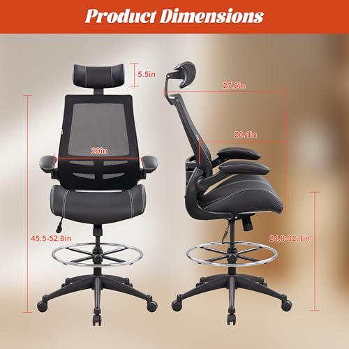 Image of BOLISS Tall Ergonomic Office Chair, Sustainable Tech-Leather Drafting Chair with Adjustable Foot Ring, 90 Flip-Up Arms Space Saving Mesh Computer Desk Chair for Standing Desk Executive Work 8+ Hours