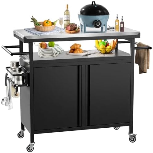 Outdoor Grill Cart Bar Cart with Storage Cabinet for Grilling Acc...