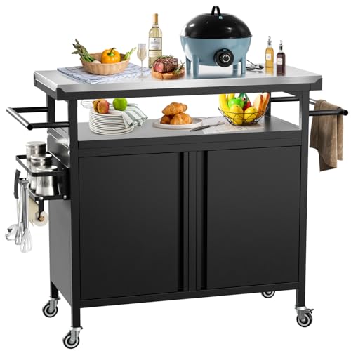Nessxa Outdoor Grill Cart Bar Cart with Storage Cabinet for Grilling Accessories, XL Portable Outdoor Grill Table with Stainless Steel Top for Kitchen Prep, Lawn & Garden(Black)