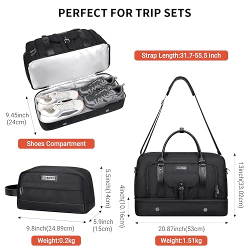 Image of WITZMAN Weekender Bags for Men Carry On Overnight Bag with Toiletry Bag Sets Travel Duffle Bag Shoes Compartment (B694 Black)
