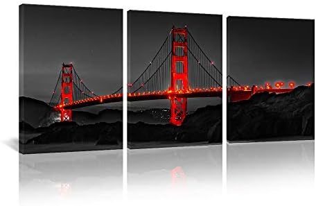 Large Black and Red Wall Art Set Golden Gate Bridge Canvas Wall Art San Francisco Bay Area Landscape Pictures Prints Artwork for Office Living Room Bedroom Decoration Poster Framed Ready to Hang 16"x24"x3pcs