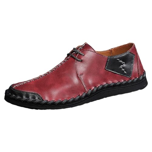 rismart Männer Leder Loafer Schuhe Slip on Handgenäht Lässig Fahrend Trainer Weinrot,43