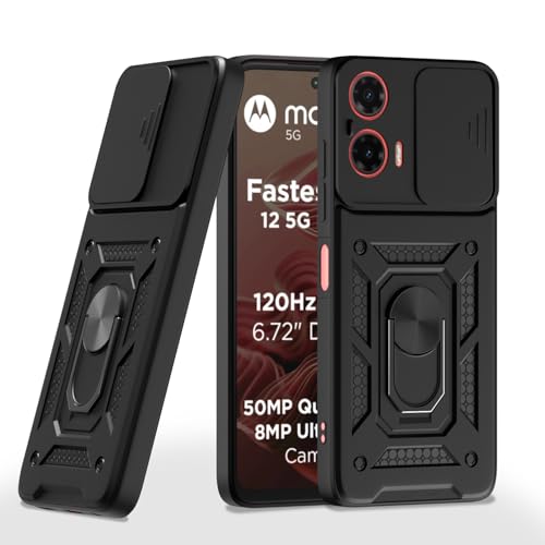 Image of Pikkme Back Cover for Moto G35 5G | D10 Tough Armor | 360 Protection Case | Sliding Camera Shield Cover & Ring Holder Stand Bumper Case (Black)