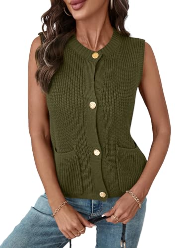Image of LUYAA Green Sweater Women Button Round Neck Knit Vest Top Trendy Casual Cardigan 2025 Spring Sweater Army Green L