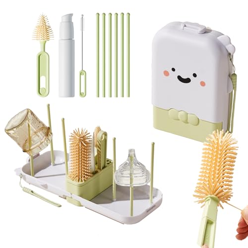 Image of Baby Bottle Brush Set - Baby Bottle Cleaner Kit with Nipple Brush, Silicone Bottle Brush, Straw Cleaner Brush, Soap Dispenser, Bottle Drying Rack - 7 in 1 Bottle Cleaning Tool Set for Home and Travel