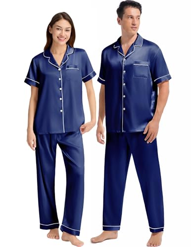 Couples Matching Pajamas Set Silk Satin Short Sleeve Button Down Loungewear with Long Pant