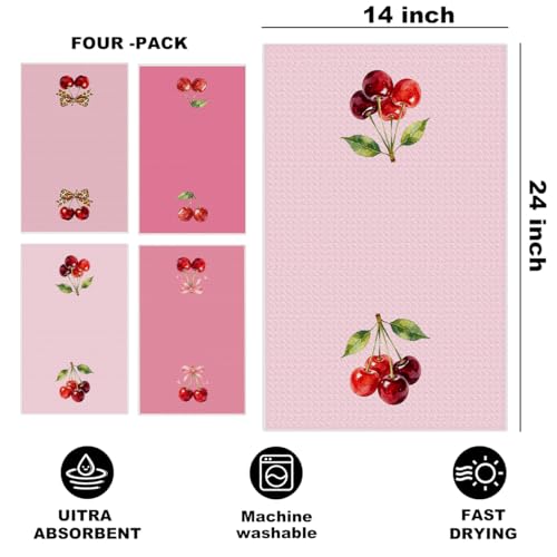 Image of 4 Pcs Cherry Hand Towels for Bathroom, Pink Preppy Bow Reusable Dish Towels | Waffle Weave Hand Cloth Tea Towel for Kitchen Bathroom Decor, Cherry Gifts for Women Friend 24x14 Inch