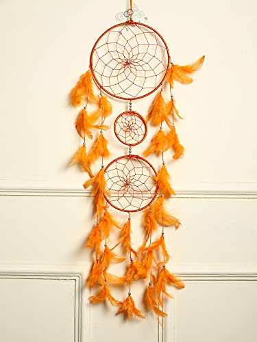 Image of Handmade Dream Catcher Feather Wall Hanging Orange, Home Decor for Bedroom, Kids Room, Living Room & Balcony Decoration, Gift Item (18L x 94H cm, Pack of 1)