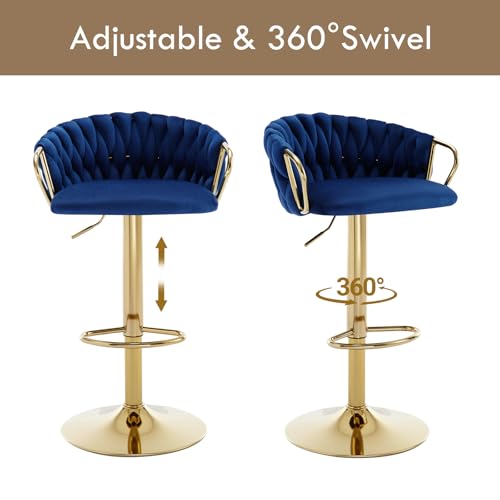 Butacos de Barra Set de 4, Modernos Ajustables Tapizados, Sillas Giratorias de Altura para Isla de Cocina, Comedor, Café o Pub, Azul Oscuro con Reposapiés Dorado miniatura 6