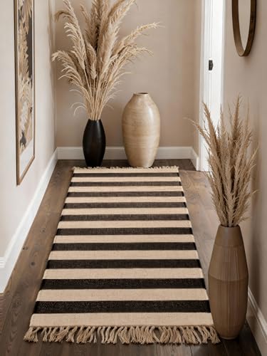 Hanse Home Playa Juteteppich - Natur Wohnzimmerteppich, Jute, Handgewebt, Gestreift, Fransen, Robust & Pflegeleicht, Naturfaser Teppich für Wohnzimmer, Schlafzimmer - Natur Weiß Schwarz, 80x200cm