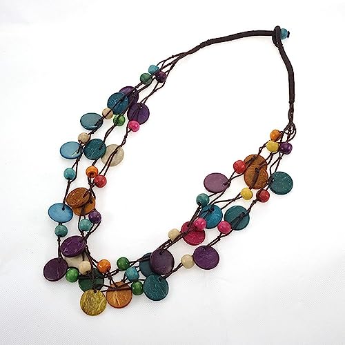 Collar de perlas de madera multicapa boho concha de coco 1 pieza tejida a mano con cáscara de coco de color retro bohemio estilo collar para mujeres niñas playa colgante de bisutería
