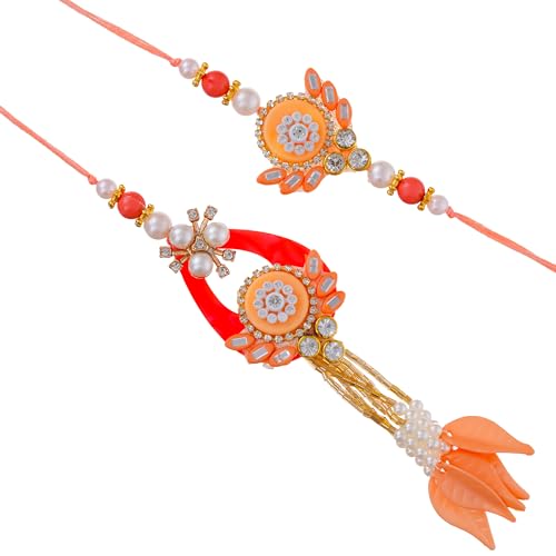 Image of Bhai Bhabhi Rakhi Set - Peacock Designer Rakhi with Stone & Pearl Work Lumba with Tassel for Bhabhi | Raksha Bandhan Gift