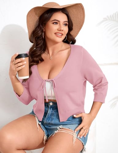 Image of ShopWonder Women's V-Neck Tie Front Shrug 3 /4 Sleeve Rib-Knit Cardigan Sweater Crop Top