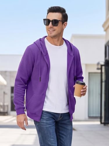 Satankud Men's Jacquard PlaidCloth Zipper Hoodie Sweatshirt Purple — view 2