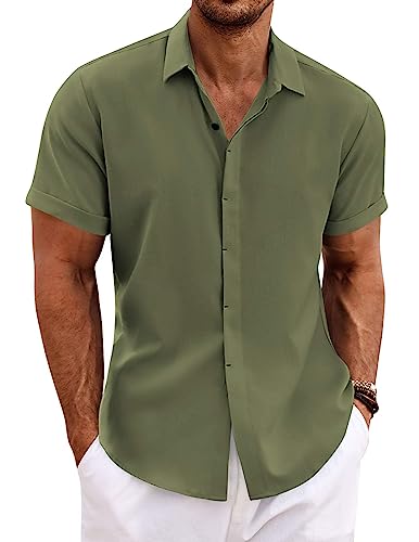 Image of COOFANDY Men's Linen Shirts Short Sleeve Casual Shirts Button Down Shirt for Men Beach Summer Wedding Shirt