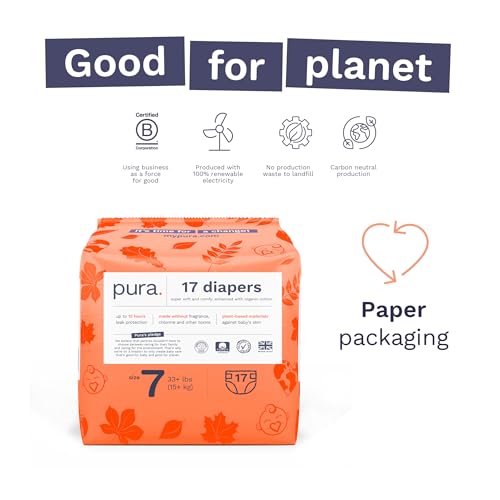 Image of Pura Size 7 Eco-Friendly Diapers (33+lbs) Totally Chlorine Free (TCF) Hypoallergenic, Soft Organic Cotton, Sustainable, up to 12 Hours Leak Protection, Allergy UK, 3 Packs of 17 (51 Diapers)