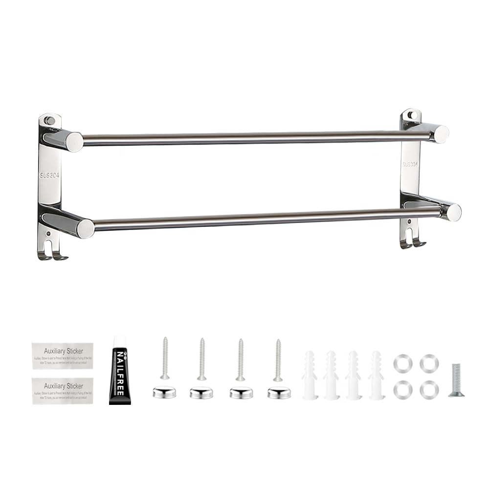 PLCatis Towel Rail No Drilling Double Towel Rail 40 cm Stainless Steel Self-Adhesive Bath Towel Holder Wall Mounted Bath Towel Holder with 2 Hooks for Bathroom Kitchen