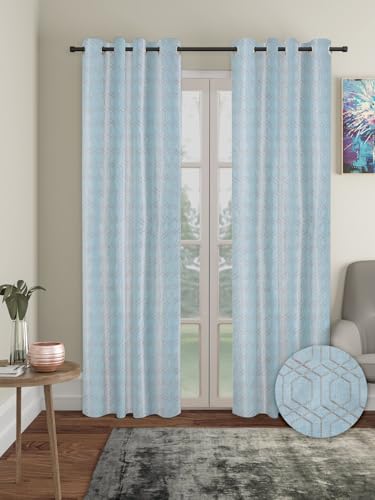 Image of Cortina Knitting Foil Curtains | 160 GSM | Long Door - 9 Feet | Pack of 2 | Bedroom Living Room Kids Room | Plain Long Door Curtain | Light Blue