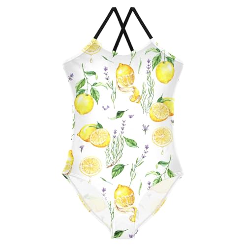 Image of CaTaKu Girls One Piece Swimsuits Watercolor Lemons Lavender Flowers Kids Bathing Suit Swimwear for Girls Size 9-10