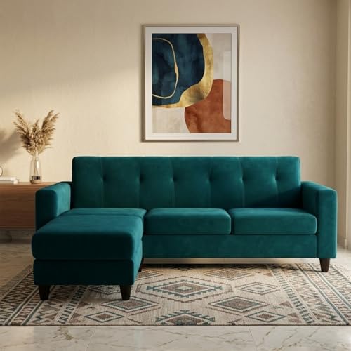 Image of Homeboy 4 Seater L Shape Sofa Set with Movable Ottoman | Flexible Left or Right Layout | Luxe Velvet Suede Fabric | Comfortable Seating | Modern Sofa for Living Room -Green Teal