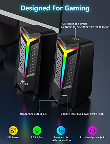 NJSJ Computer Speakers,Bluetooth Speaker 2.0 PC Speakers for Desktop with Dynamic RGB LED Light Up,Wired Gaming Multimedia for PC Laptop Monitors PS5,10W - Image 3