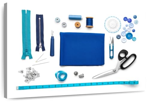 Elephant Stock - Blue Sewing Kit Wall Art - Horizontal Canvas Wall Art - Living Room Wall Decor - Photography Hobbies And Lifestyle Canvas Art - White And Turquoise Decor - 39