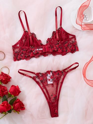 Image of Sexy Floral Embroidered Flower Mesh Underwire Push Up Lingerie Set