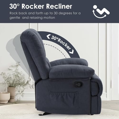 Image of Oversized Rocker Recliner Chair, Wide Rocker Chair with Adjustable Backrest Footrest, Lazy Boy Oversized Recliner for Adults, Reclining Sofa for Living Room, Reading, Bedroom, Blue Black