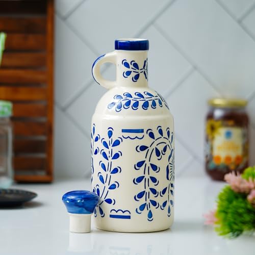 Image of Ceramic Oil Dispenser Bottle 1000ml | Blue Floral Printed Kitchen Oil Container | Refillable Vinegar & Olive Oil Dispenser for Cooking | Eco-Friendly Pottery Jar with Glazed Finish