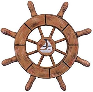 Hampton Nautical Rustic Wood Finish Decorative Ship Wheel with Sailboat 6