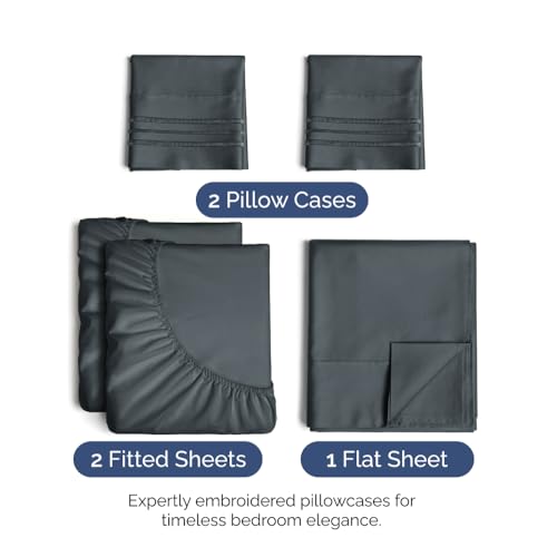 Image of Split King Size 5 Piece Sheet Set - Soft & Cooling Bed Sheets - Slate Blue | Fits 8 Inch to 16 inch Mattress, Wrinkle Free & Fade Resistant with Deep Pockets, Breathable, Comfy Hotel Luxury Bedding