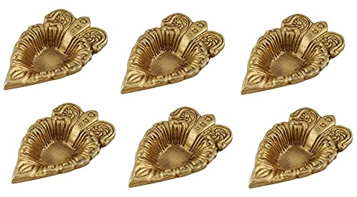 Indian Shelf 6 Piece Handmade Golden Brass Leaf Intricate Design Oil Lamps Diya