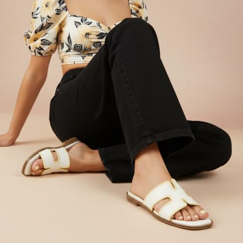 Image of CUSHIONAIRE Voyage Cutout Strap Slides for Women, Slip On Summer Flats, Trendy Footwear, Memory Foam Vegan Leather Comfortable Vacation Style Sandals