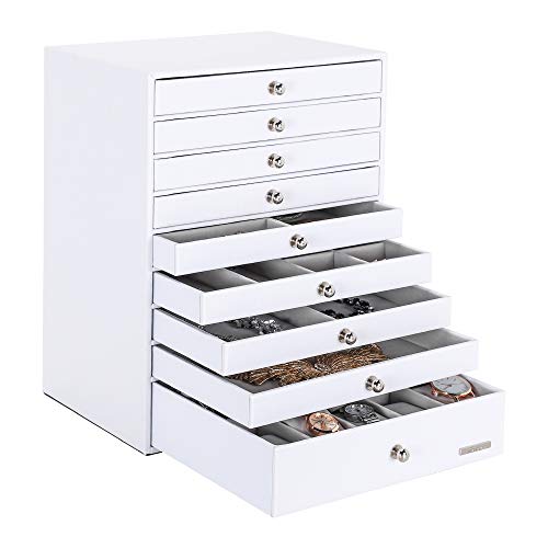 Preisvergleich Produktbild Yorbay Schmuckkästchen groß, Seelux Serie Schmuckschatulle für Halsketten, Armbanduhren, Ringe, Armbänder, Ohrringe, weiß (Mehrweg) (9 Schubladen)